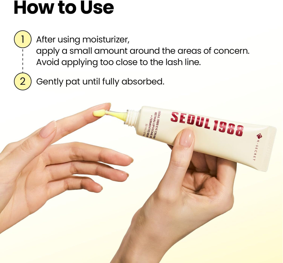 How to use: hands applying a small amount of the eye cream after moisturiser, patted gently until absorbed