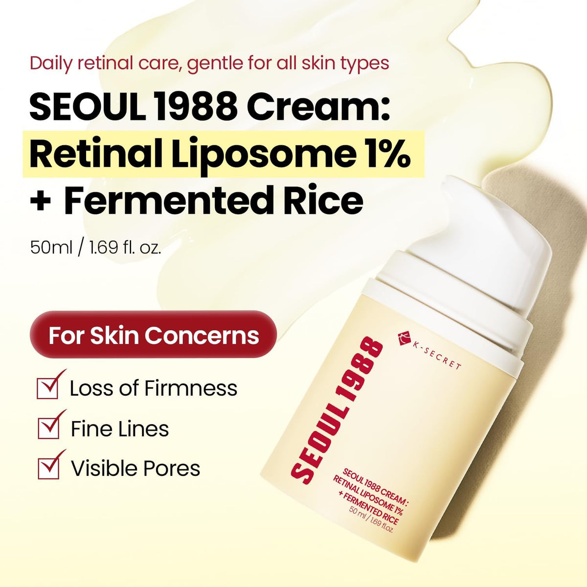 Seoul 1988 Cream Retinal Liposome 1% plus Fermented Rice, 50 ml, daily retinal care for loss of firmness, fine lines and visible pores