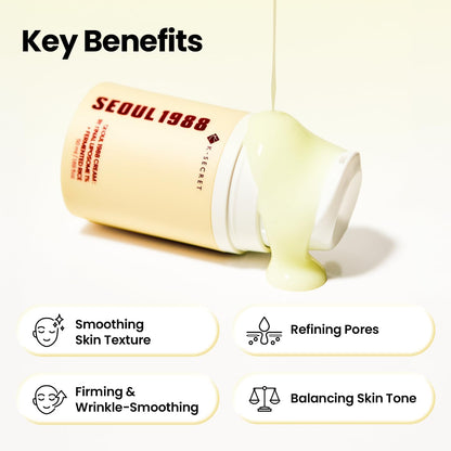 Key benefits beside the tube with cream pouring: smoothing texture, refining pores, firming and wrinkle-smoothing, balancing skin tone