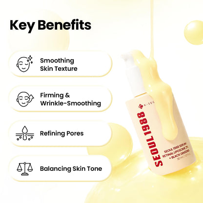 Key benefits beside the bottle with serum pouring: smoothing texture, firming and wrinkle-smoothing, refining pores, balancing skin tone