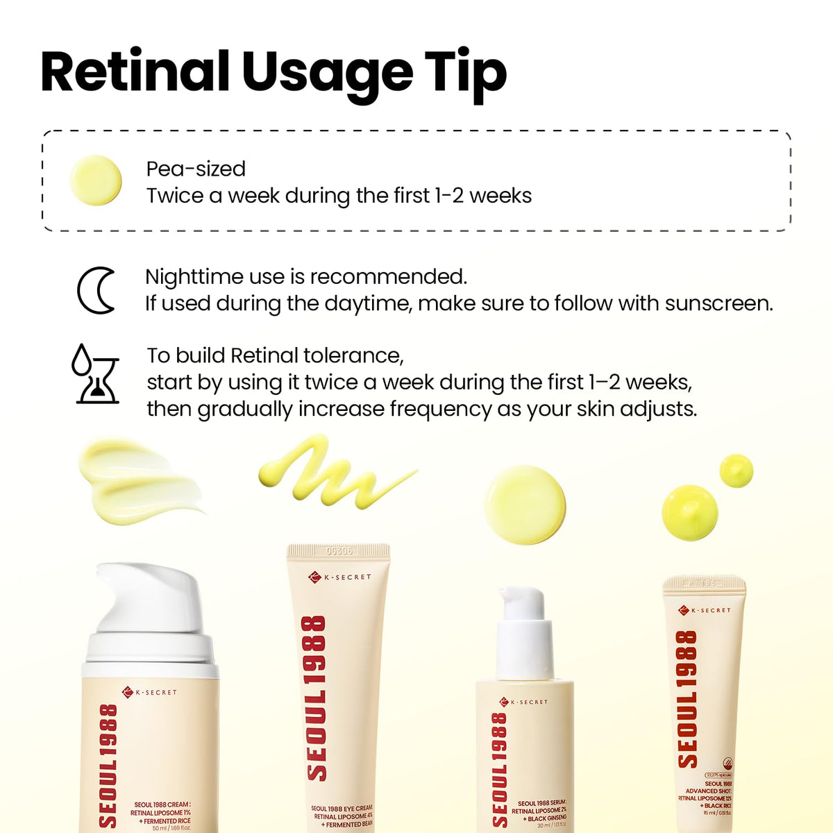 Retinal usage tip: a pea-sized amount twice a week for the first one to two weeks, night-time use recommended, shown with the Seoul 1988 range