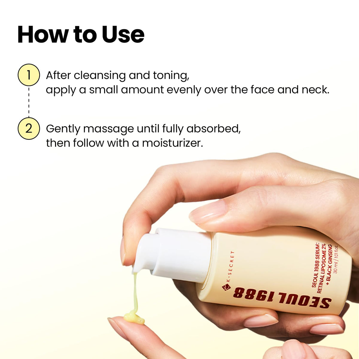 How to use beside a hand pumping serum: after cleansing and toning, apply a small amount over face and neck, massage in and follow with moisturiser