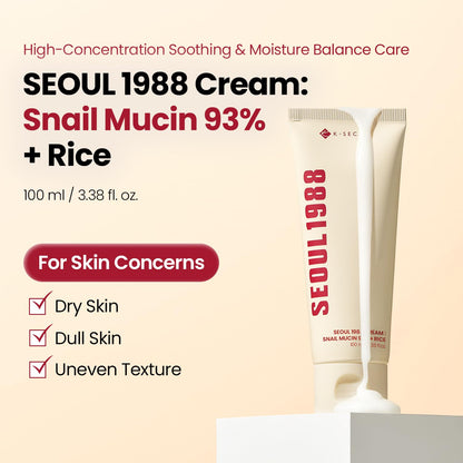 Seoul 1988 Cream Snail Mucin 93% plus Rice, 100 ml, high-concentration soothing and moisture balance care for dry, dull and uneven skin