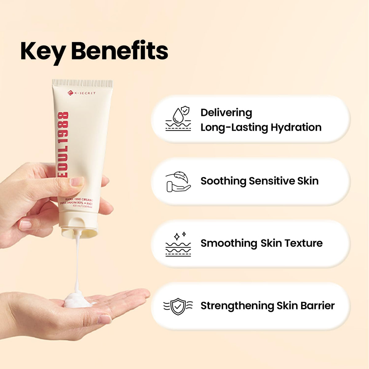 Key benefits beside hands squeezing the tube: long-lasting hydration, soothing sensitive skin, smoothing texture, strengthening the barrier