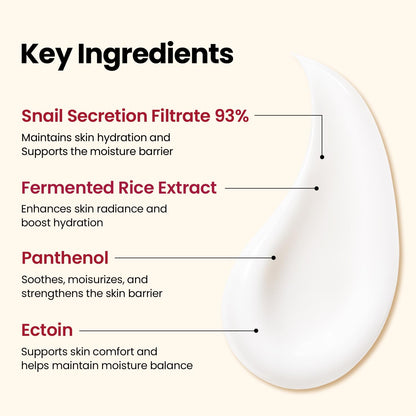Key ingredients labelled on a swirl of white cream: 93% snail secretion filtrate, fermented rice extract, panthenol and ectoin