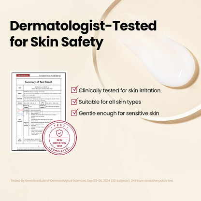 Dermatologist-tested for skin safety: the test summary beside a swipe of cream, clinically tested for irritation, gentle enough for sensitive skin