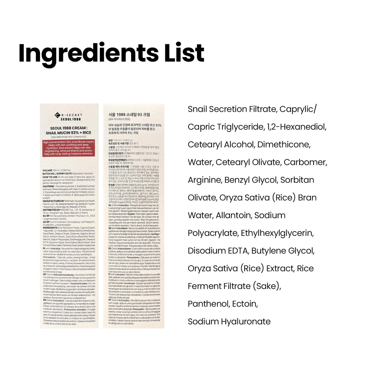 Ingredients list for the Snail Mucin 93% cream beside the printed carton panel