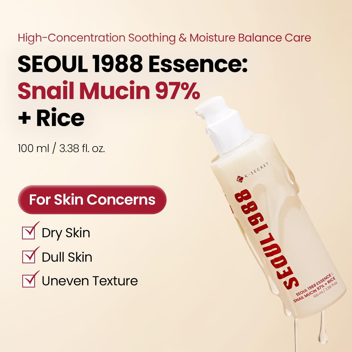 Seoul 1988 Essence Snail Mucin 97% plus Rice, 100 ml, high-concentration soothing and moisture balance care for dry, dull and uneven skin