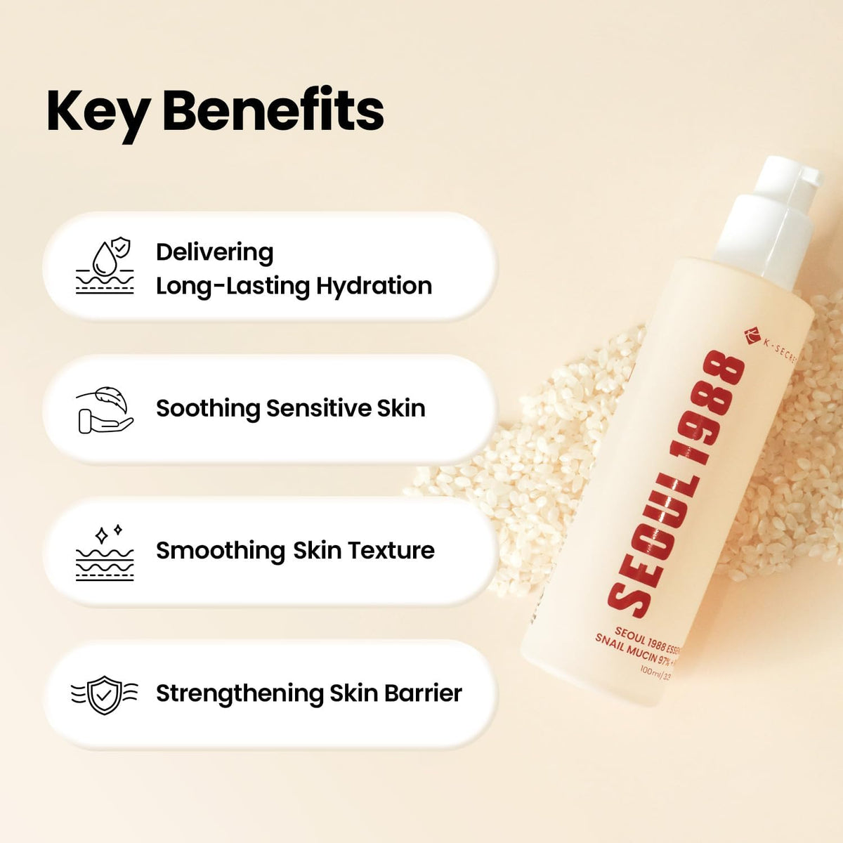 Key benefits beside the pump bottle on rice grains: long-lasting hydration, soothing sensitive skin, smoothing texture, strengthening the barrier