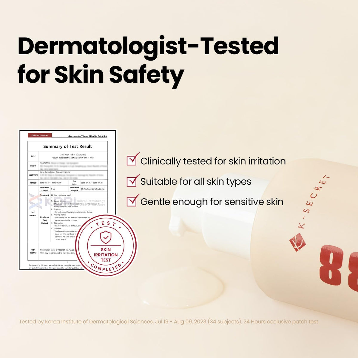Dermatologist-tested for skin safety: the test summary beside the bottle, clinically tested for irritation, gentle enough for sensitive skin