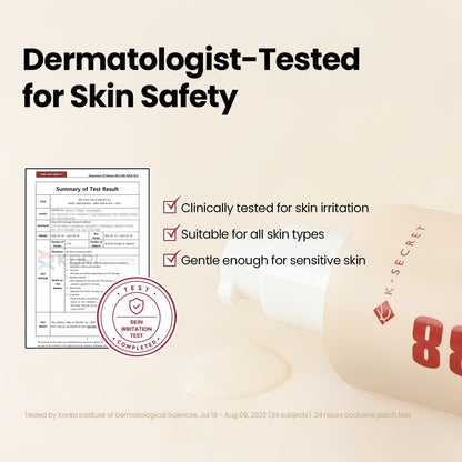Dermatologist-tested for skin safety: the test summary beside the bottle, clinically tested for irritation, gentle enough for sensitive skin