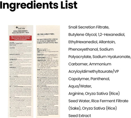Ingredients list for the Snail Mucin 97% essence beside the printed carton panel