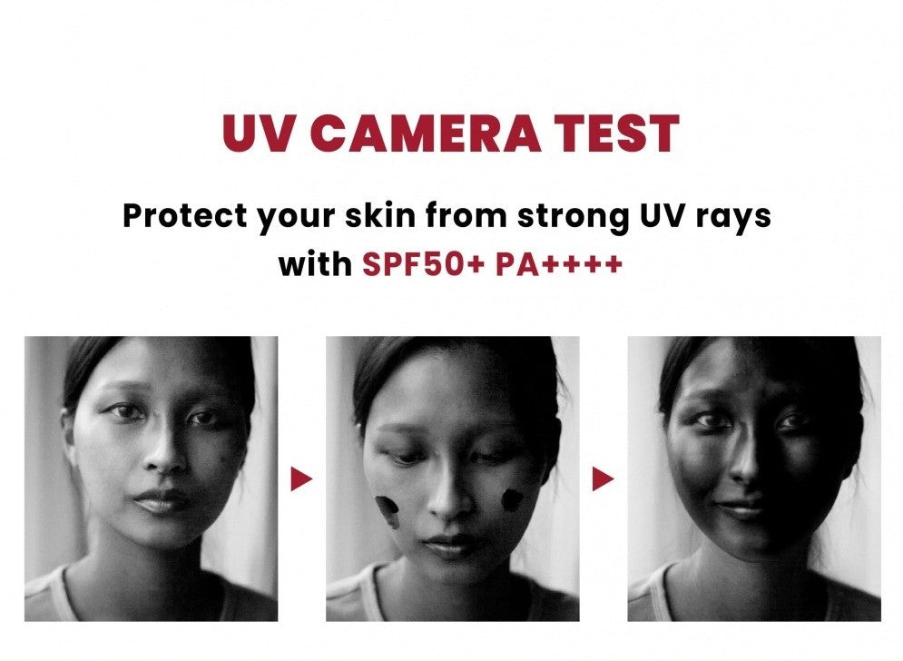 Seoul 1988 Sun Pine Tree + Ceramide SPF50+ 50ml UV camera test showing the sunscreen blocking UV rays on a model's face with SPF50+ PA++++
