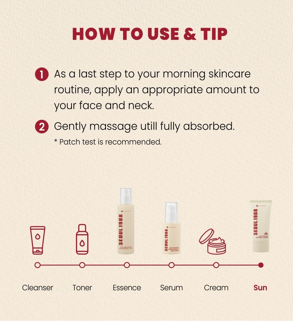 Seoul 1988 Sun Pine Tree + Ceramide SPF50+ 50ml how-to-use tips with a routine line-up showing the sunscreen as the final step after cleanser, toner, essence, serum and cream
