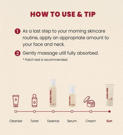 Seoul 1988 Sun Pine Tree + Ceramide SPF50+ 50ml how-to-use tips with a routine line-up showing the sunscreen as the final step after cleanser, toner, essence, serum and cream