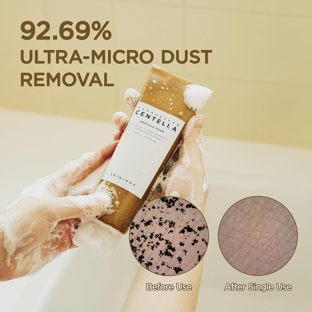 Hands lathering the foamy tube, with 92.69% ultra-micro dust removal shown in before and after close-ups