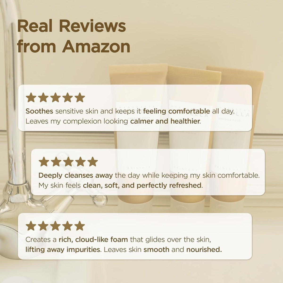 Three five-star customer reviews praising how it soothes, deeply cleanses and creates a rich cloud-like foam