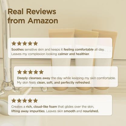 Three five-star customer reviews praising how it soothes, deeply cleanses and creates a rich cloud-like foam
