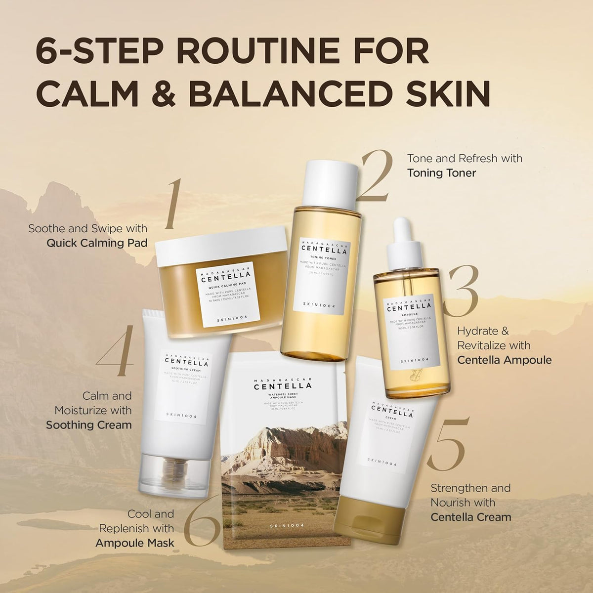 Six-step Centella routine for calm, balanced skin: calming pad, toning toner, ampoule, soothing cream, centella cream and ampoule mask
