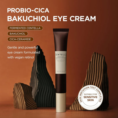Probio-Cica Bakuchiol Eye Cream tube between brown rock forms: fermented centella, bakuchiol and cica-ceramide, a vegan retinol eye cream, irritation tested