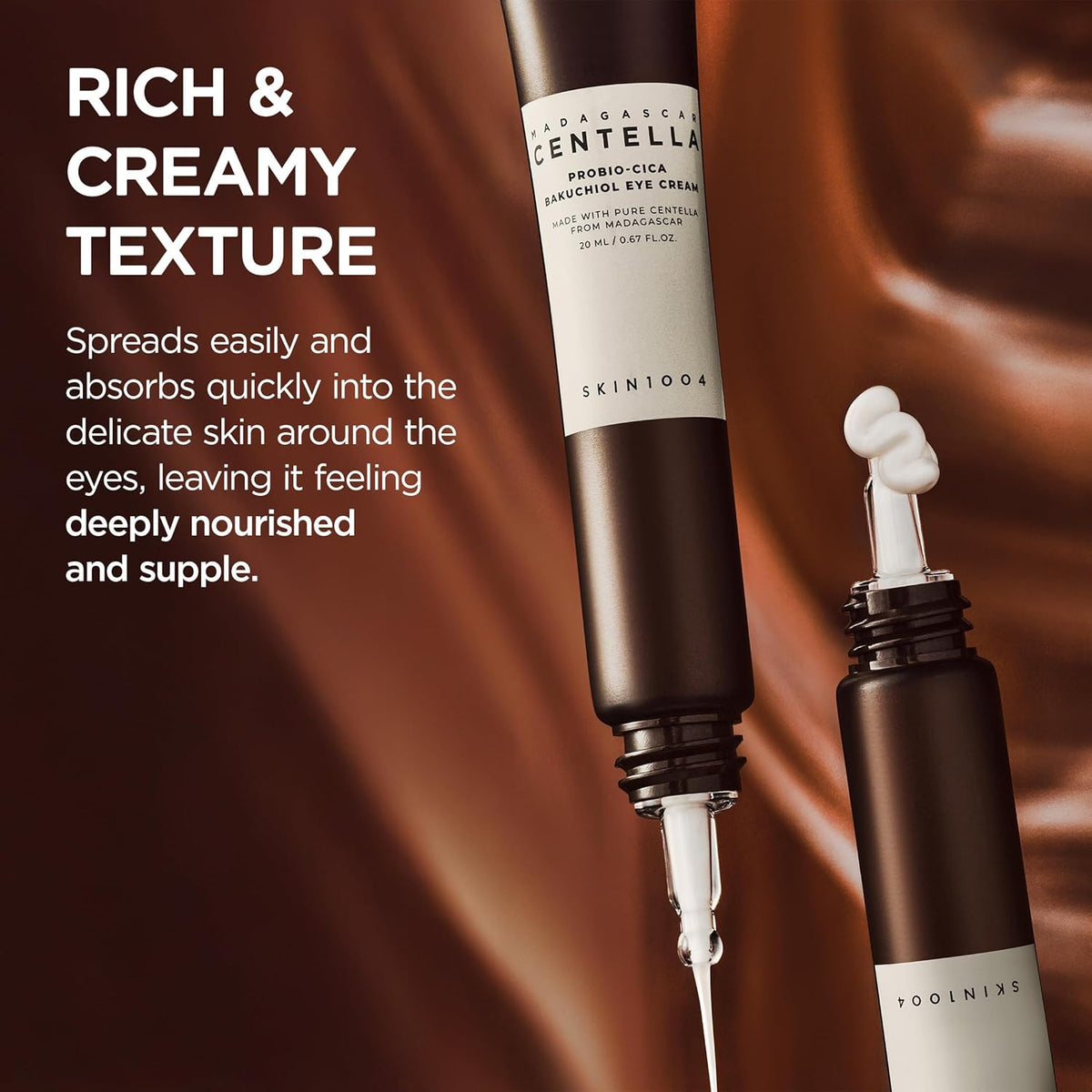 Rich and creamy texture: the dropper applicator dispensing a bead of cream, spreads easily and absorbs quickly around the eyes