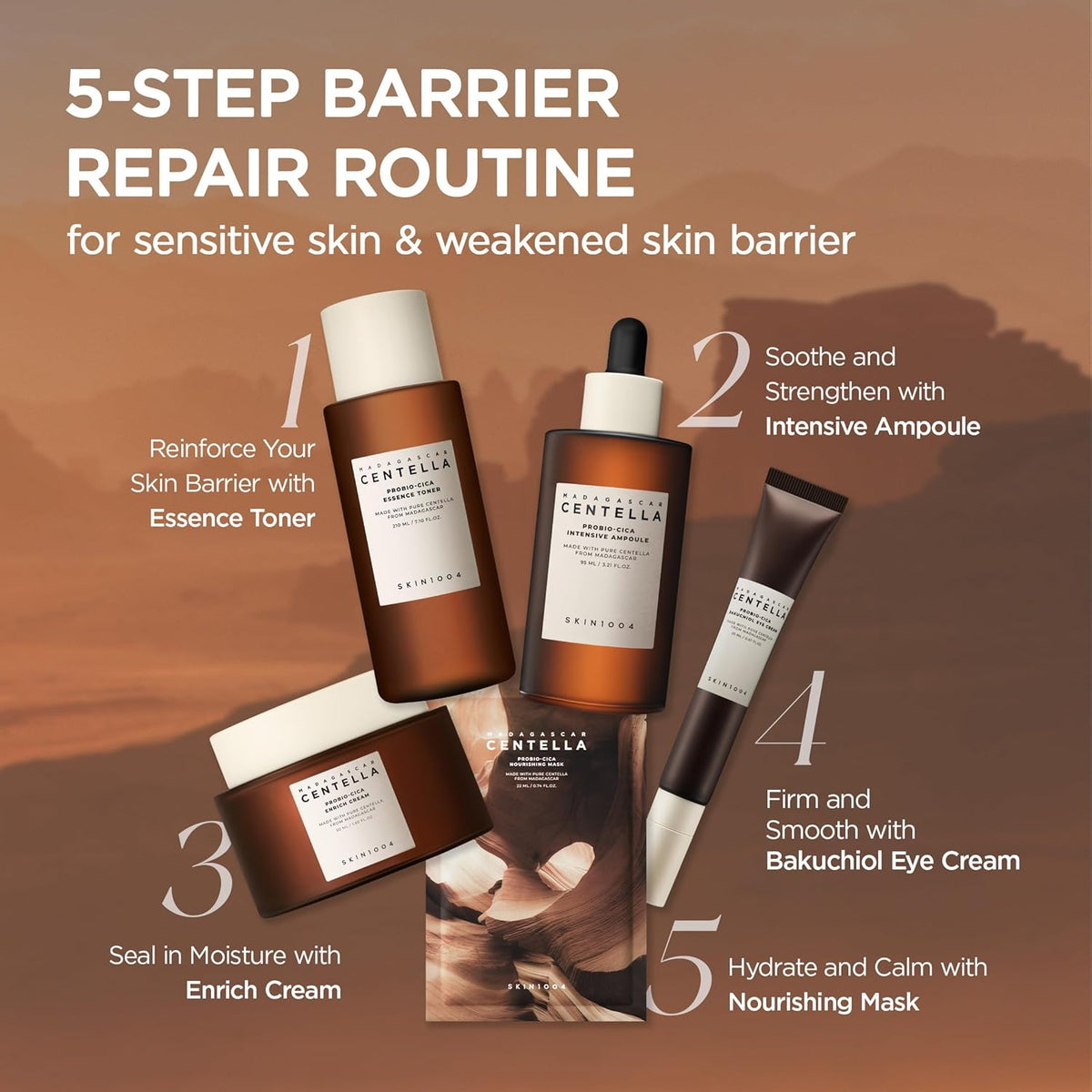 Five-step barrier repair routine for sensitive skin: essence toner, intensive ampoule, enrich cream, bakuchiol eye cream and nourishing mask