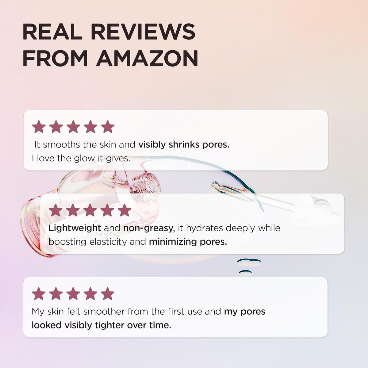 Three five-star Amazon reviews praising visibly shrunk pores, lightweight non-greasy hydration and smoother skin