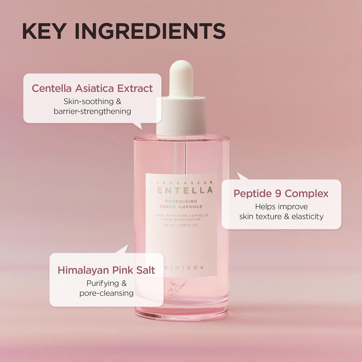 Key ingredients labelled on the bottle: centella asiatica extract, a peptide 9 complex and Himalayan pink salt
