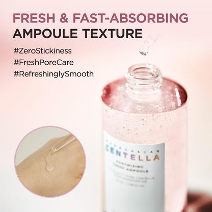 Fresh and fast-absorbing ampoule texture: zero stickiness, fresh pore care, refreshingly smooth, with the open bottle and a swatch on skin
