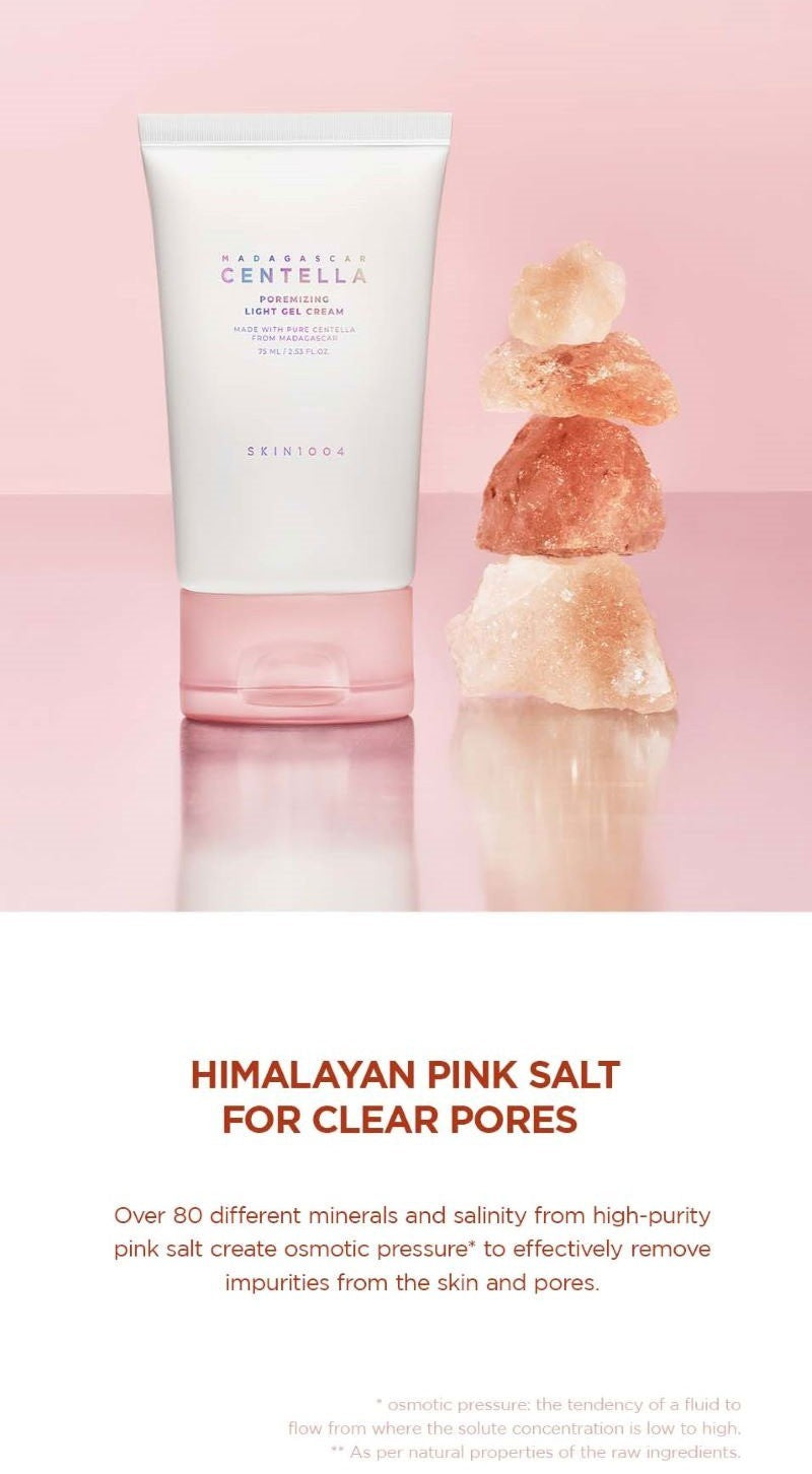 SKIN1004 Centella Poremizing Light Gel Cream 75ml tube beside stacked Himalayan pink salt crystals, the mineral-rich ingredient that helps purify skin and pores