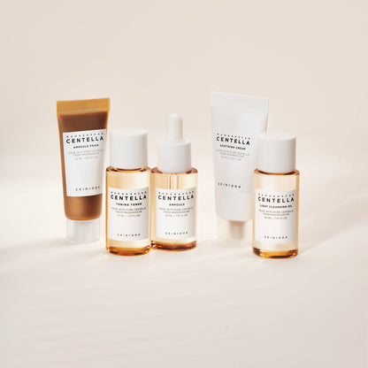 SKIN1004 Centella Travel Kit - the full travel kit laid out - ampoules, cream and cleanser minis