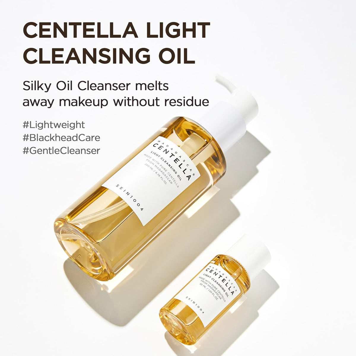 Centella Light Cleansing Oil full size and travel size, a silky oil cleanser that melts away make-up without residue