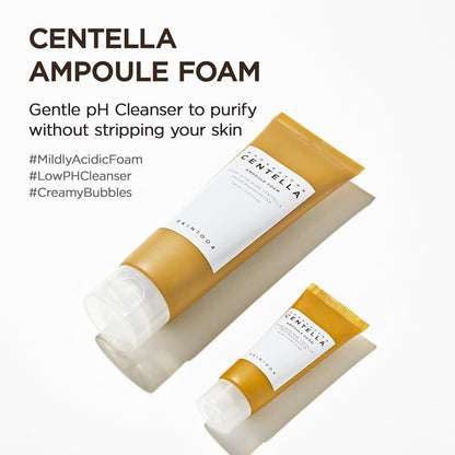 Centella Ampoule Foam full size and travel size, a gentle low-pH cleanser with creamy bubbles