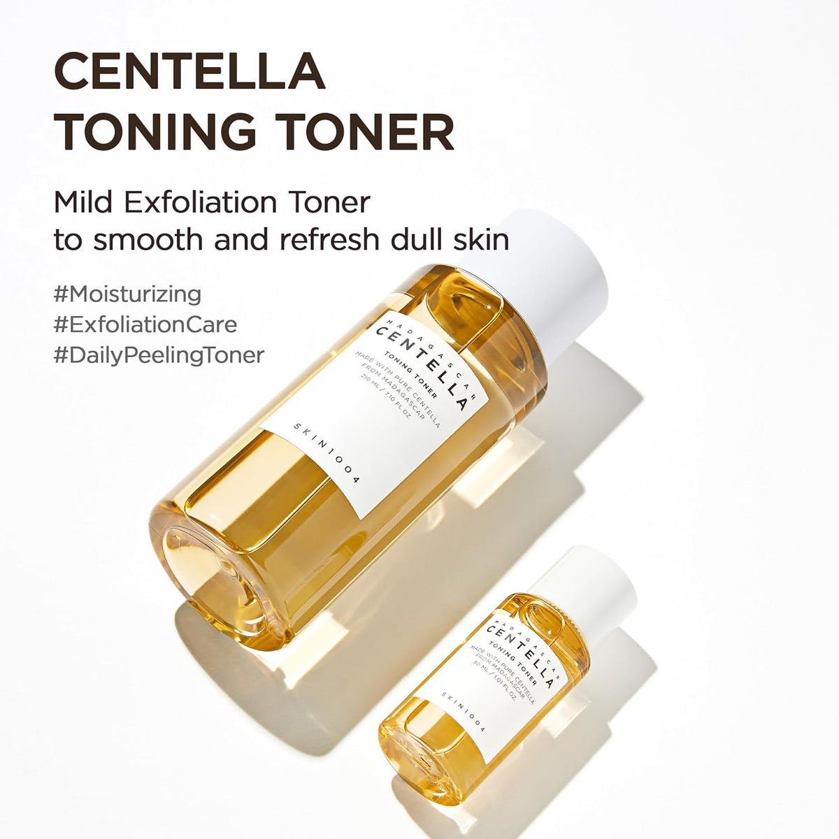 Centella Toning Toner full size and travel size, a mild exfoliating daily peeling toner