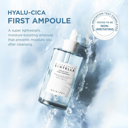 Hyalu-Cica First Ampoule bottle in a water splash: a super lightweight moisture-boosting ampoule that prevents moisture loss after cleansing, tested non-irritating