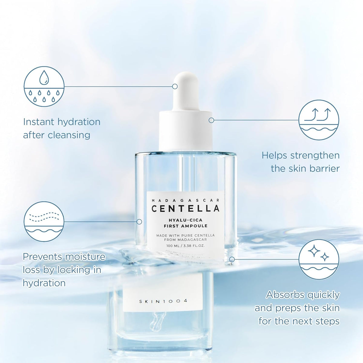 Four benefits around the bottle in water: instant hydration after cleansing, strengthens the barrier, locks in hydration, absorbs quickly and preps for next steps