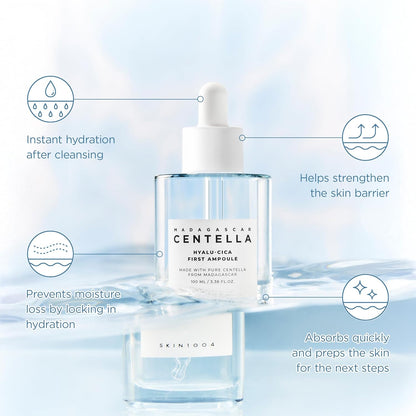 Four benefits around the bottle in water: instant hydration after cleansing, strengthens the barrier, locks in hydration, absorbs quickly and preps for next steps