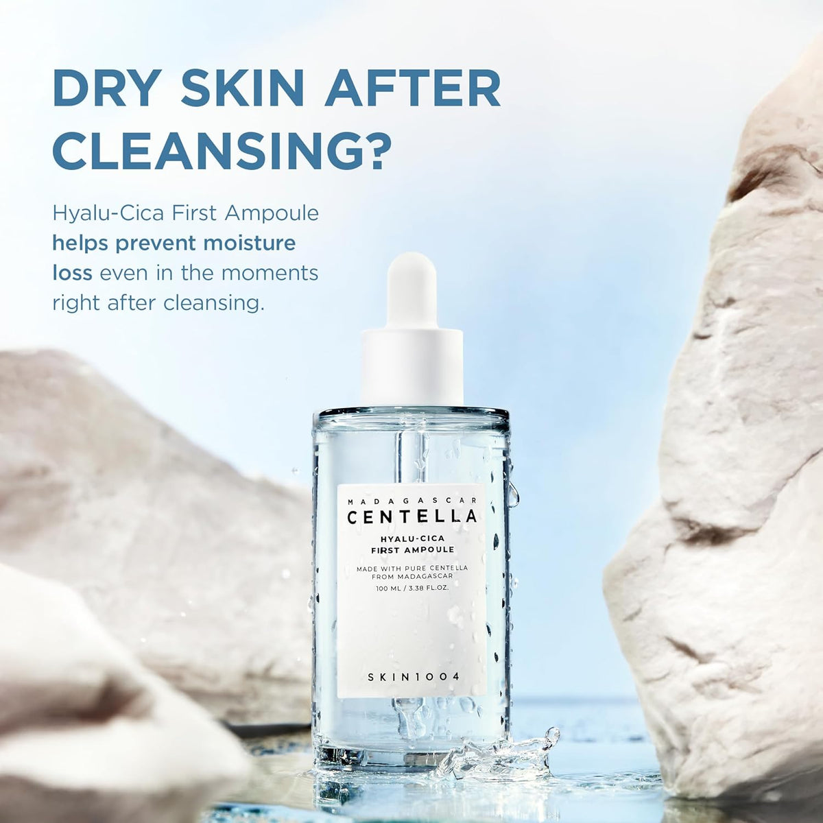 Dry skin after cleansing: the bottle between white rocks on water, prevents moisture loss right after cleansing