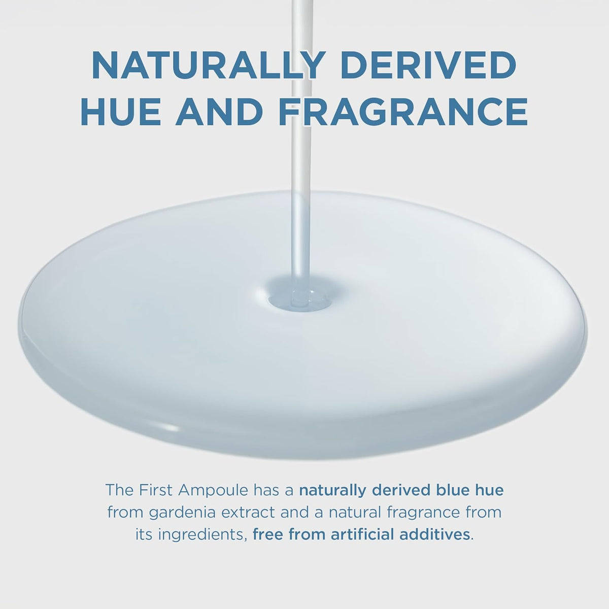 Naturally derived hue and fragrance: a stream pouring into a pool of pale blue ampoule, coloured by gardenia extract with no artificial additives