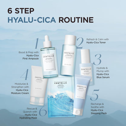 Six-step Hyalu-Cica routine: first ampoule, toner, blue serum, moisture cream, sleeping pack and hydrating mask