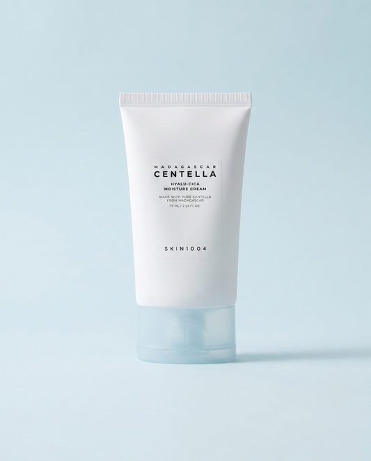SKIN1004 Hyalu-Cica Moisture Cream 75ml - white moisture cream tube on a pale blue background