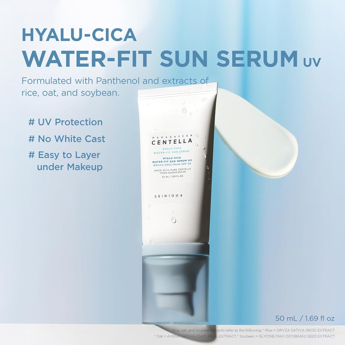 Hyalu-Cica Water-Fit Sun Serum tube, 50 ml, tagged UV protection, no white cast and easy to layer under make-up