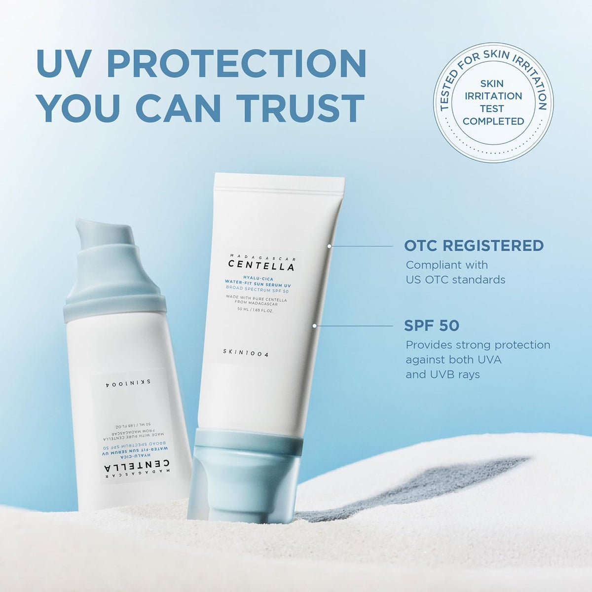 Two Hyalu-Cica sun products standing on white sand, noting the serum is OTC registered and SPF 50 against both UVA and UVB rays