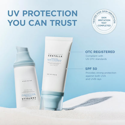 Two Hyalu-Cica sun products standing on white sand, noting the serum is OTC registered and SPF 50 against both UVA and UVB rays