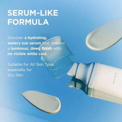 Serum-like formula shown as a watery texture pouring from the tube, described as hydrating with a luminous dewy finish and no visible white cast