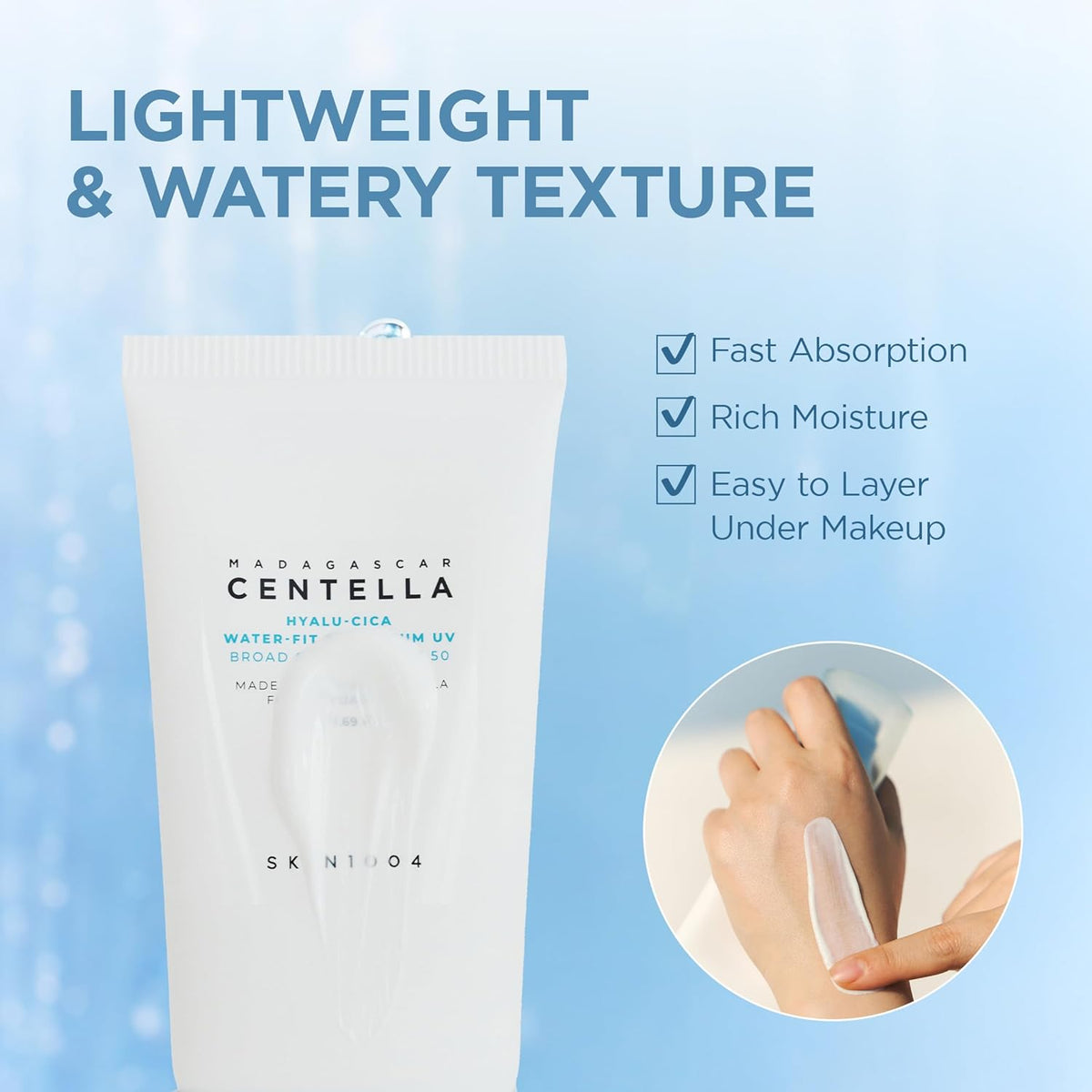 Lightweight watery texture with three ticks - fast absorption, rich moisture, easy to layer under make-up - beside a swatch rubbed into skin