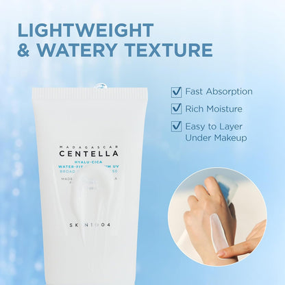 Lightweight watery texture with three ticks - fast absorption, rich moisture, easy to layer under make-up - beside a swatch rubbed into skin