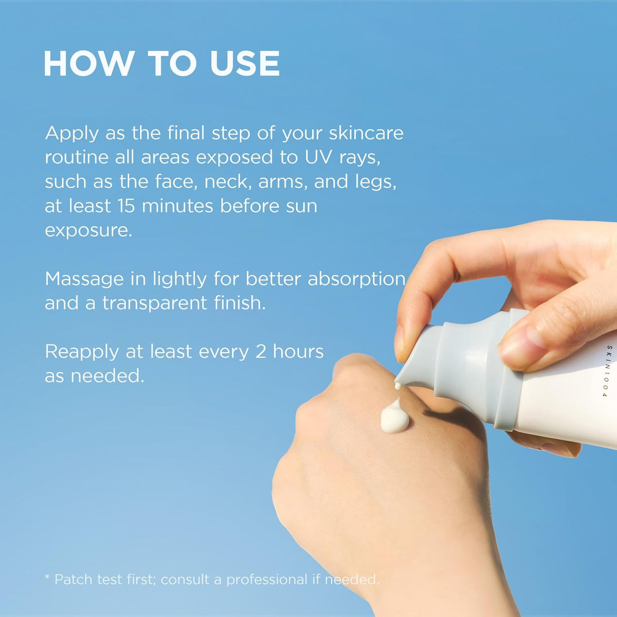 How to use: hands dispensing the sun serum, applied as the final skincare step at least 15 minutes before sun exposure and reapplied every two hours