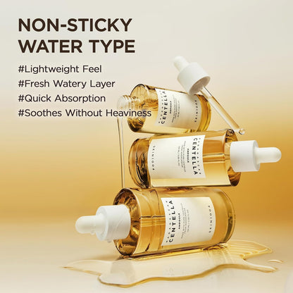 Three stacked bottles with serum pouring: a non-sticky water type with a lightweight feel and quick absorption