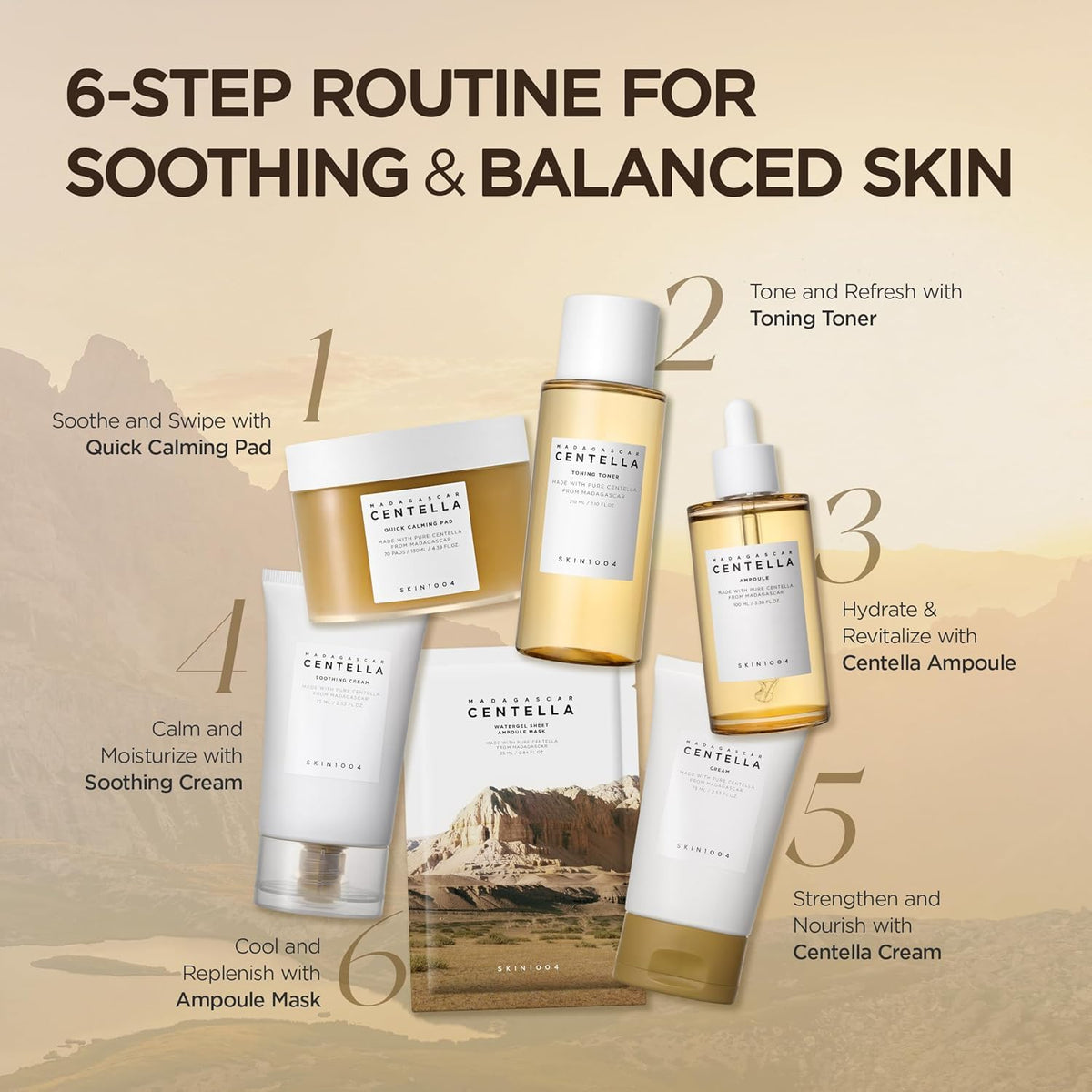 Six-step Centella routine for soothing, balanced skin: calming pad, toning toner, ampoule, soothing cream, centella cream and ampoule mask